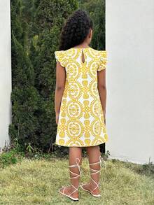Tween Girls Simple Print Cap Sleeve Dress - Yellow - View 2