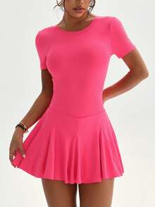 SHEIN Sovereign Charm Women's Round Neck Short Sleeve U-Back Asymmetrical Hem Pleated Dress With Built-In Shorts And Pockets, Suitable For Daily Casual Wear, Running, Yoga, Gym, Tennis, Golf, Etc., Spring/Summer/Autumn - Hot Pink - View 4