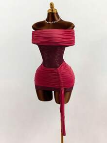 Mistrie Date Night Outfit Sexy Sheer Wine Red Off-Shoulder Lace Mesh Bodycon Mini Dress With Ruched Detail - Red - View 4