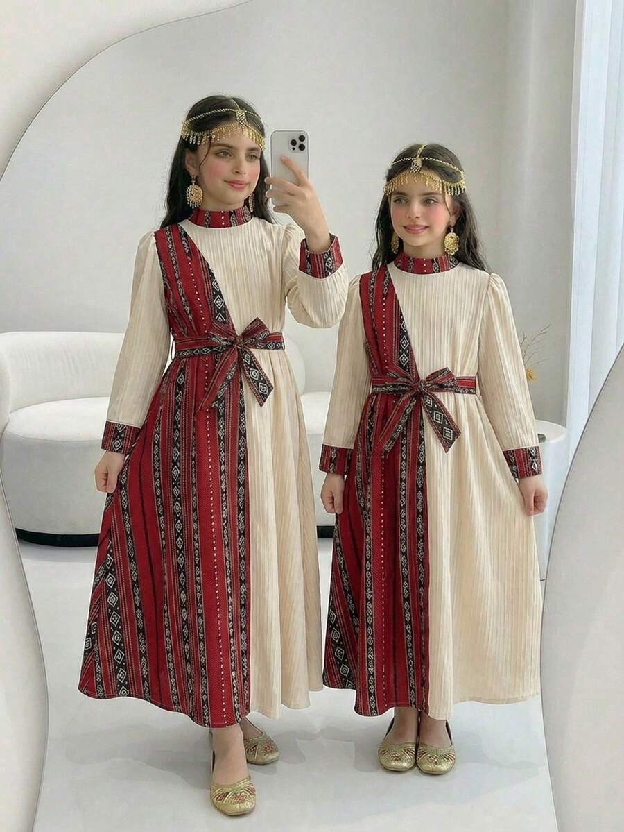 SHEIN Girls Long Sleeve Stand Collar Flared Geometric Abaya Dress In Polyester For Special Occasions - Multicolor - View 1