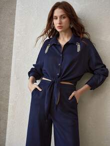 MOTF PREMIUM RHINESTONE DETAIL BUTTON UP SHIRT - Dark Wash - View 4