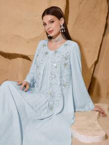 SHEIN Najma Vestido de manga larga con pliegues en el frente, bordado de perlas y parches elegante para mujeres - Celeste - Ver 5