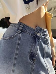 FRIFUL 女士带口袋纽扣休闲百搭日常穿着阔腿牛仔裤 - 藍色 - 查看 2