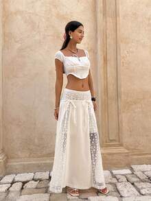 Serisse New Hollow-Out Embroidery Patchwork Skirt, Spring/Summer - White - View 4