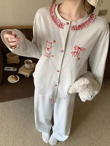 DAZY 2pcs Women Cat & Plaid Print Loose Cardigan Long Sleeve & Pants Pajama Set, Autumn - White - View 3