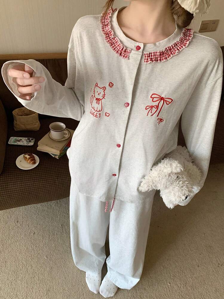 2pcs Women Cat & Plaid Print Loose Cardigan Long Sleeve & Pants Pajama Set, Autumn