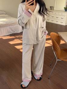 DAZY Patchwork Design Simple Knit Women Pajama Set - Khaki - View 1
