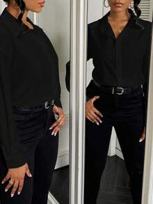 Airaco Casual Loose Open Front Printed Long Sleeve Shirt Bodysuit For Women - Black - View 3