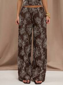 SHEIN BAE Women's Casual Vacation Style Floral Print Low Waist Loose Wide Leg Pants - Brown - View 6