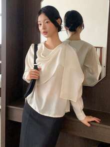 DAZY Women's Casual French Style Loose Collar Long Sleeve Sun Protection Shirt, Lazy & Youthful - Beige - View 3