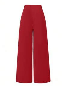 SHEIN PETITE Pantalon minceur texturé en tissu élastique minimaliste pour femmes de la série Petite, avec décoration métallique - Rouge - Voir 2