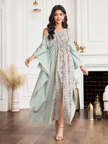 Al Najma 女士优雅几何印花露肩宽松开衩阿拉伯连衣裙，秋季 - 彩色 - 查看 3