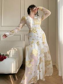 DAZY 优雅V领收腰飘逸连衣裙，法式浪漫风格吊带裙 - 米色 - 查看 5