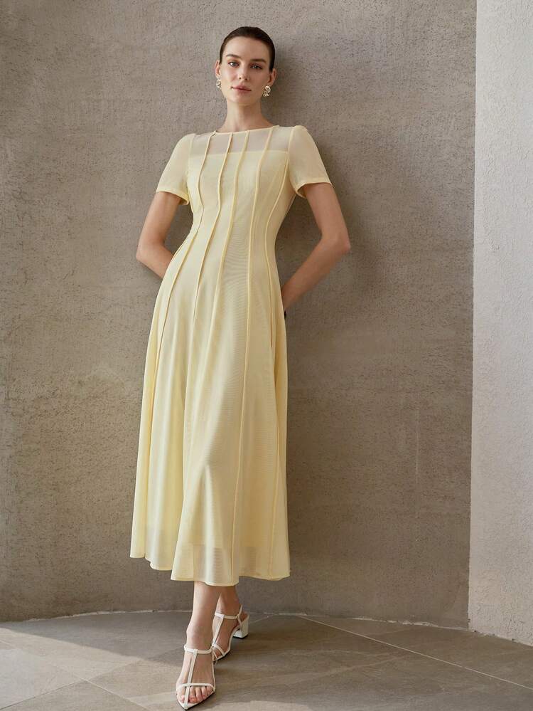 WOMEN'S YELLOW SEAM FRONT FLARED DRESS, FRENCH ELEGANT STYLE