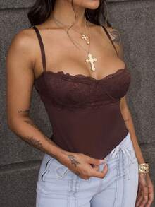 Rayane Ketlyn Women's Lace Patchwork Tight Fit Sexy Camisole,Sexy Tops - Coffee Brown - View 3