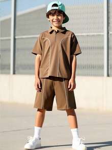 SHEIN Tween Boy Loose Coffee Brown Knitted Polo Shirt And Shorts 2 Pieces Set,Summer Casual Vacation Turn Down Collar Short Sleeve Solid Outfit For Kids - Brown - View 8