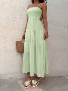 Sunnyshic Đầm không tay dáng rộng, thắt dây rút, chất liệu vải họa tiết đào, kiểu dáng thoải mái cho kỳ nghỉ. - Xanh lá cây Mù sương - Xem 3