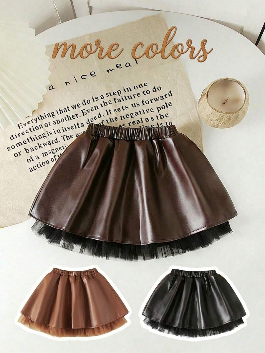 SHEIN Playful Pals The New Black A-Line Skirt Of Baby Girls, With Mesh Lace Accessories Embellished With The Hem, Which Is Comfortable, Fashionable, Elegant, Sweet And Cute, A Must-Have For Daily Travel. - Brown - View 1