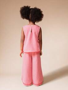 SUMWON 女童格纹背心阔腿裤两件套套装，饰有锯齿花边，夏季服装 - 紅色 - 查看 2