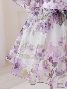 SHEIN 小女孩碎花短袖公主裙，新款蓬蓬裙派对礼服 - 紫色 - 查看 8