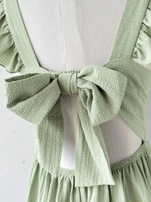 SHEIN Đầm dệt màu xanh ô liu trơn, cổ vuông, không tay, tay ngắn, có chi tiết cắt hình bướm ở lưng, thích hợp cho kỳ nghỉ, lễ hội, ăn trưa, lễ hội âm nhạc. - màu xanh lá - Xem 4