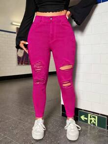 SHEIN ICON Plus Size Plain Simple Distressed Denim Jeans - Hot Pink - View 1