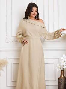 Al Najma New Design Oblique Shoulder Embroidered Tie Waist Slimming Dress, Suitable For Vacation, Party, Gathering, Elegant Daily Wear - Khaki - View 2