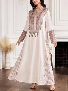 Al Najma New Notched Neck Elegant Embroidery Loose Casual Dress - Multicolor - View 4