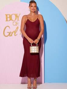 Loomaby Burgundy Summer Elegant Maternity Party Dress,Pregnant Fitted Sleeveless Solid Color Gender Reveal Baby Shower Pregnancy Photoshoot Cruise Dinner - Burgundy - View 7