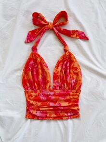 Soleia Women's Vacation Knitted Mesh Retro Brown Leopard Print Halter V-Neck Tie Bow Mesh Ruched Romantic Camisole, Suitable For Dates, Valentine's Day, Sexy, Parties, Beach Cruises, Easter, Carnival, Afternoon Tea - Multicolor - View 6