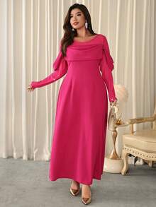 Firerie Elegant Plus Size Red Violet Long Knitted Fabric Dress With Round Neck Leg-Of-Mutton Sleeve And Flared Hem For Women Modest Wear - Red Violet - View 5