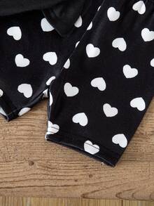 SHEIN LMoss Kids 2-Piece Cute Baby Girl Casual Black T-Shirt And Heart All-Over Print Shorts Set,Summer Family Matching Outfit,Knitted Stretch Princess Clothes - Black - View 2