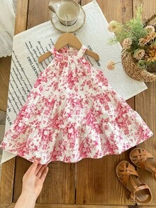 SHEIN 女嬰可愛白色與粉色花卉印花夏季洋裝，休閒無袖太陽裙，適合派對、婚禮、生日與日常穿著 - 粉色 - 查看 4