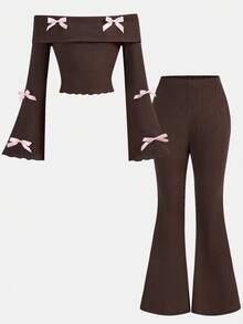 SHEIN Girls' Elegant Color Block Bow Decor Textured Fabric Pink Bow Accent Off-Shoulder Flare Sleeve Long Sleeve T-Shirt And Brown Flare Pants 2-Piece Set - Brown - View 3
