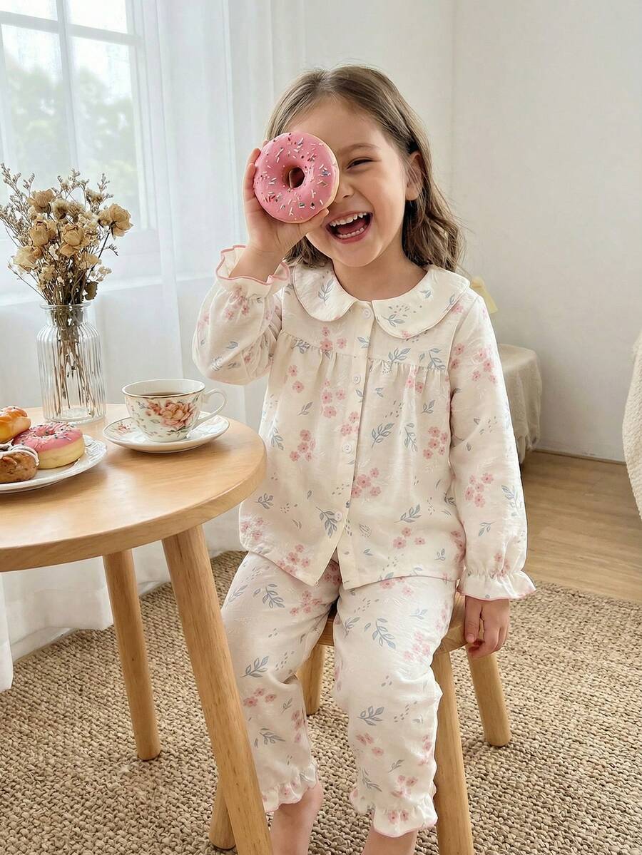 SHEIN X GALILEA 2 piezas Conjunto de pijama cómodo con top de manga larga y pantalones con estampado floral elegante para niñas jóvenes - Rosa - Ver 1