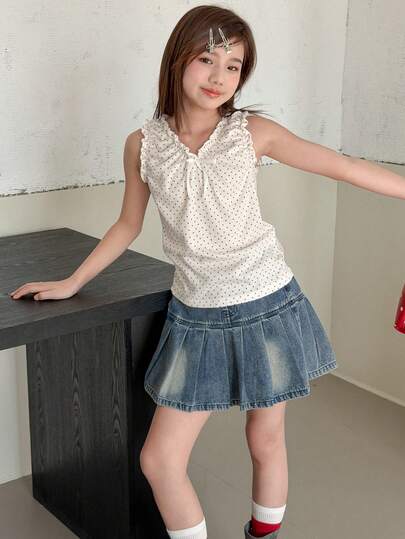 Dazy Kids Tween Girl prickigt linne med volang och v-ringning