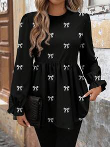 SHEIN LUNE Women's Casual Printed Basic Shirt, Autumn/Winter - Black - View 5