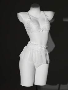 SHEIN 3pcs Sexy Lace Patchwork Lingerie Set - White - View 8