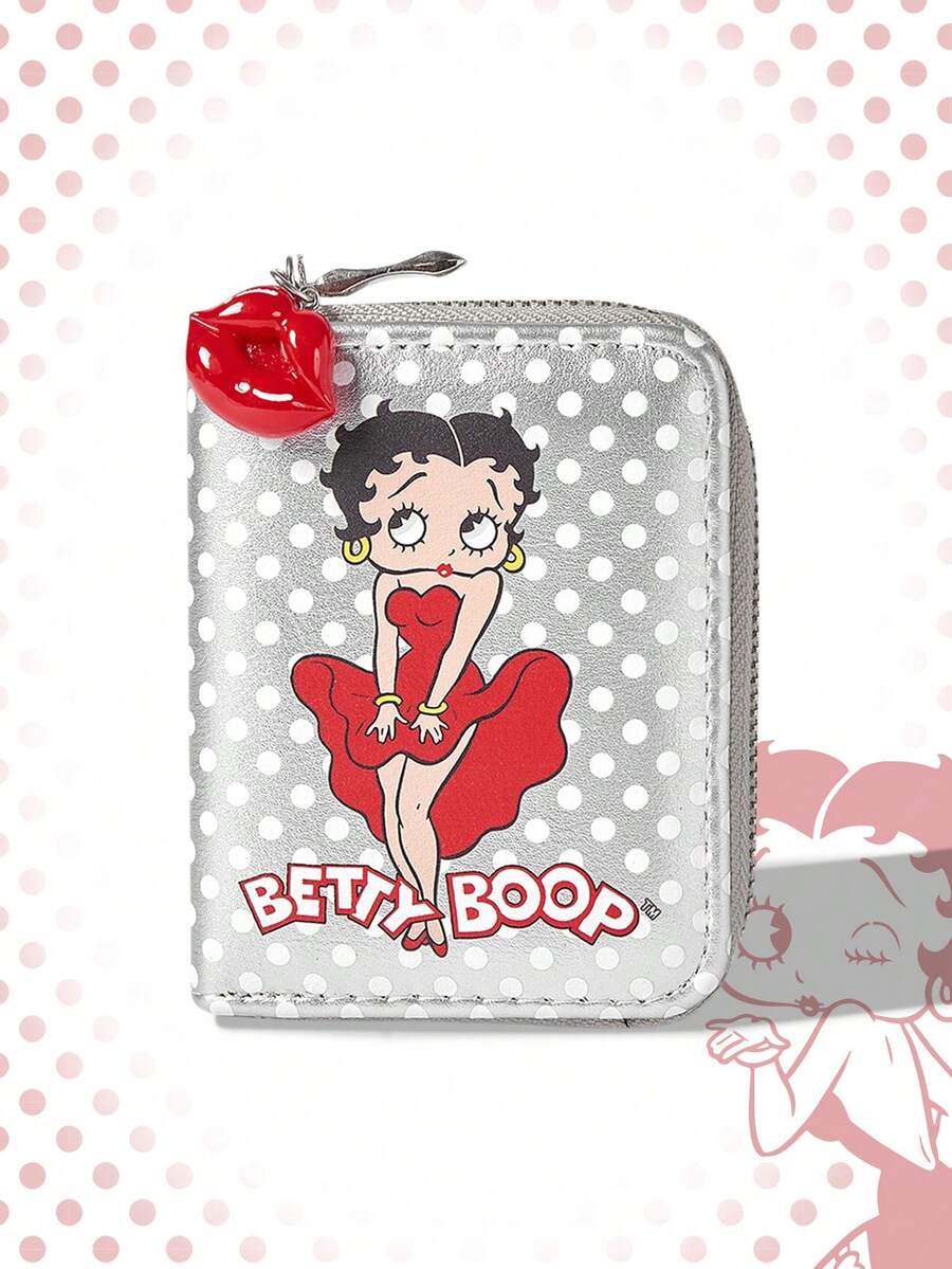 Betty Boop | ROMWE Ví đựng tiền xu tối giản có khóa kéo, chất liệu giả da màu bạc, họa tiết chấm bi hình môi, thích hợp cho nữ. - Bạc - Xem 1
