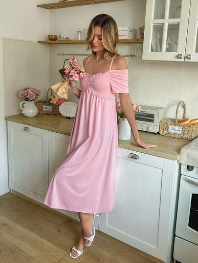 SHEIN Women's Cute Solid Color Lace Trim Patchwork Bow Decor A-Line Short Sleeve Nightgown