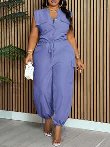 Slaydiva 大码女式优雅通勤休闲纯色黄色无袖立领开襟抽绳腰连体裤，带口袋，可调节下摆，春夏款 - 藍色 - 查看 5