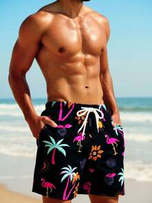 Manfinity VDAYZ 男士棕榈树印花抽绳腰带沙滩短裤 - 黑色 - 查看 5