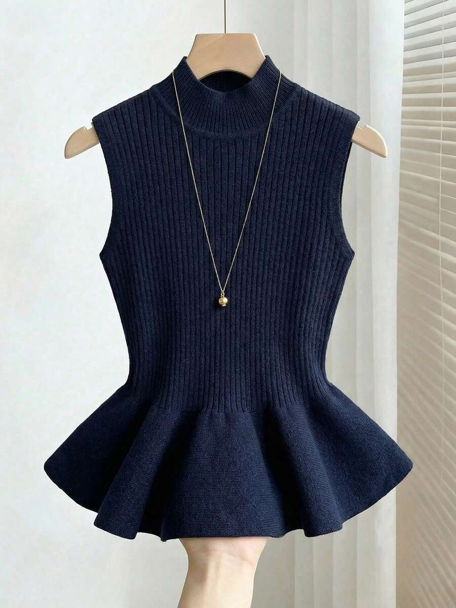 SHEIN Franclia Early Spring New Stylish Commuter Versatile Navy Blue Mock Neck Ribbed Waist Flattering Asymmetric Ruffle Hem Women Knit Top - Navy Blue - View 1