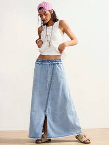 Bohemela Women's Denim Midi Skirt, Loose Straight Long Skirt, Solid Color, Drawstring Belt, Slit Pockets, Casual Denim Midi Skirt, Light Blue Denim Midi Skirt Summer Clothes  Spring Outfit Women  Valentine's Day Beach Outfits For Women Beach Outfit  Vacation Outfits Women  Y2k Clothes Beach Skirt - Light Wash - View 4