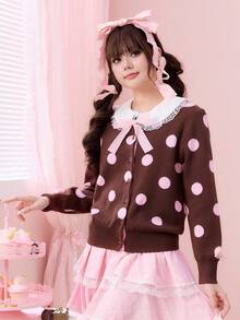 ROMWE Kawaii 复古波点蝴蝶结女士开衫 - 巧克力棕 - 查看 7