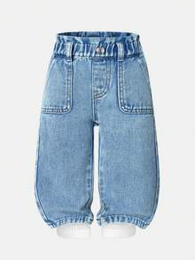 SHEIN Baby Girls Butterfly Embroidery Sweet Floral Cargo Pants - Light Wash - View 3