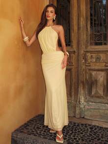 SHEIN BAE 黄色网纱弹力长款沙滩度假连衣裙，金属装饰领口，金属环装饰黄色裙身，适合沙滩度假、约会、派对等场合，优雅长裙 - 黃色 - 查看 3