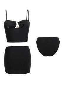 Sirith 3pcs Women's Black Solid Color Swimwear Set, Includes Tight-Fitting Sexy Swimwear Top, Asymmetric Cutout Ruched Tankini Bottom, And Tight Mini Skirt, Suitable For Swimming, Vacation, Beach, Pool Party - Black - View 2
