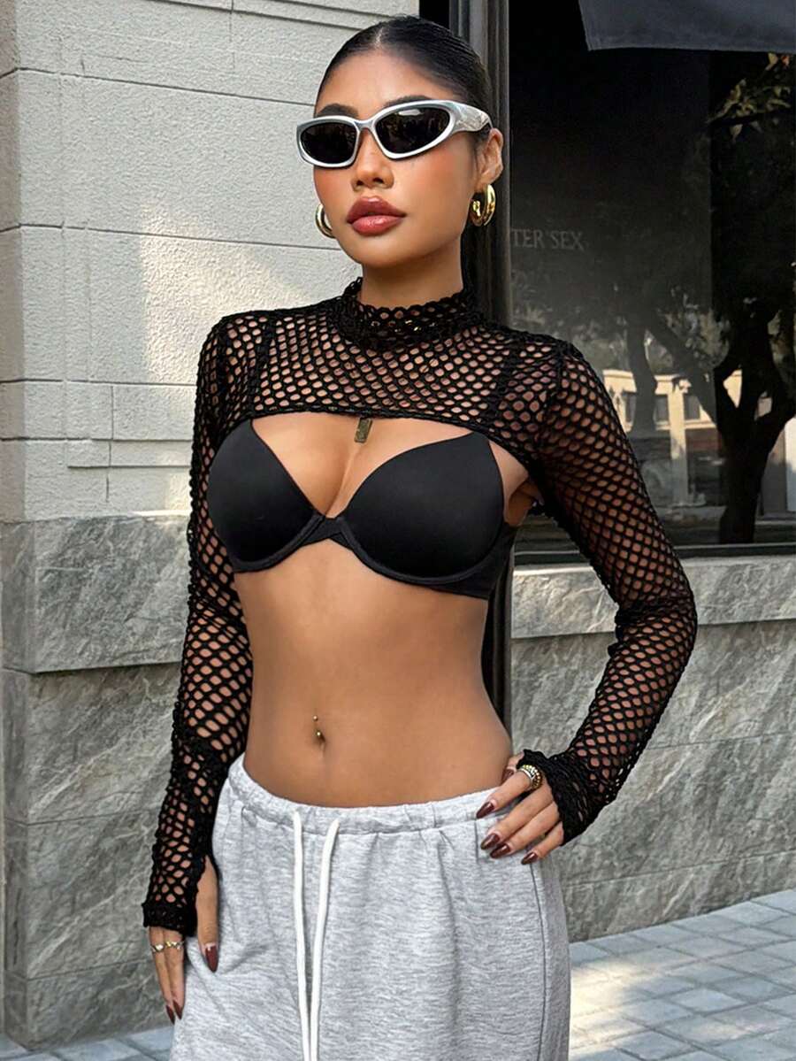 Muchica 黑色透视鱼网高领露脐紧身衣 - 黑色 - 查看 1