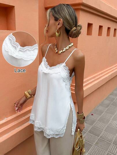 Selianne Women's Urban Casual Lace Slit Hem Patchwork Solid Color Short Camisole Top